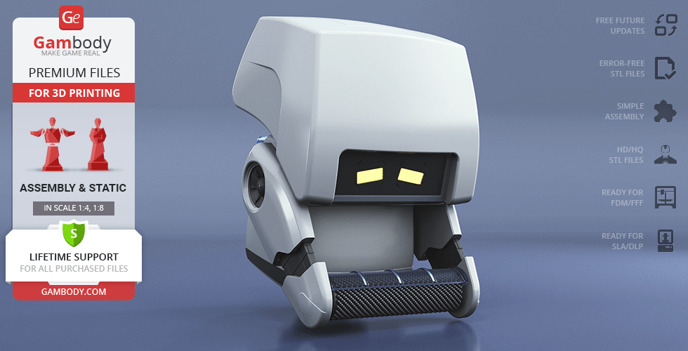 3D model of M-O from WALL-E for 3D printing on Gambody, featuring a white cleaning robot.
