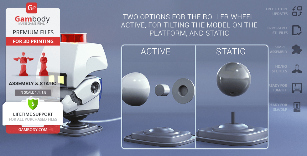 M-O from WALL-E 3D model with active and static roller wheel options for printing.