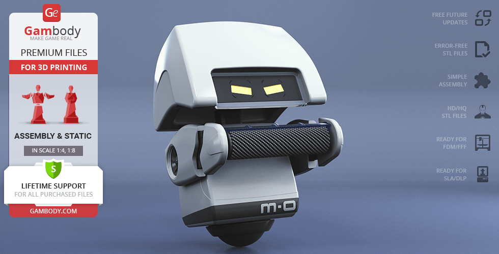 A 3D model of M-O from WALL-E, shown on a promotional banner for Gambody 3D printing files.