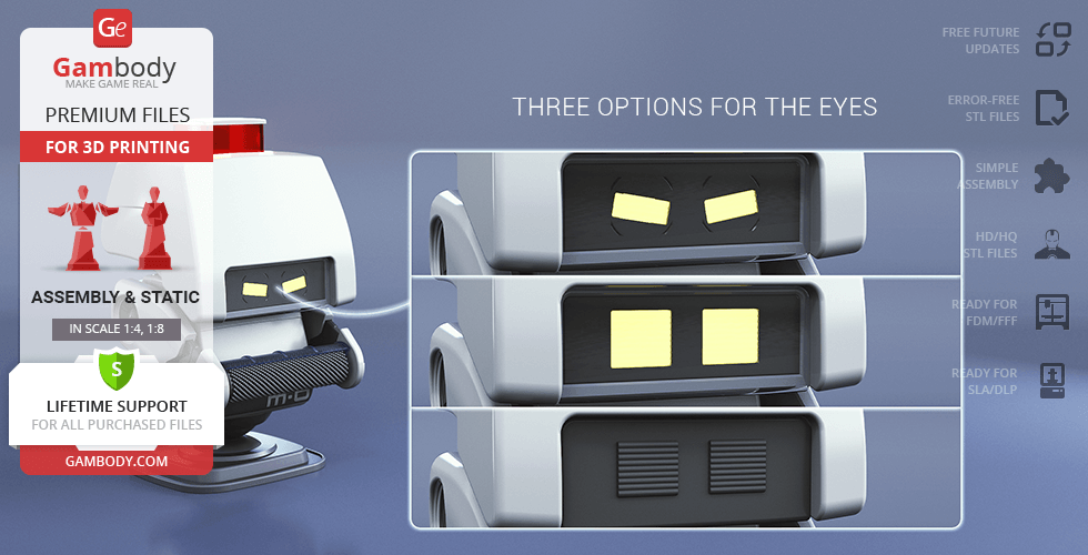 3D model of M-O from WALL-E with three eye options for 3D printing, offered by Gambody.