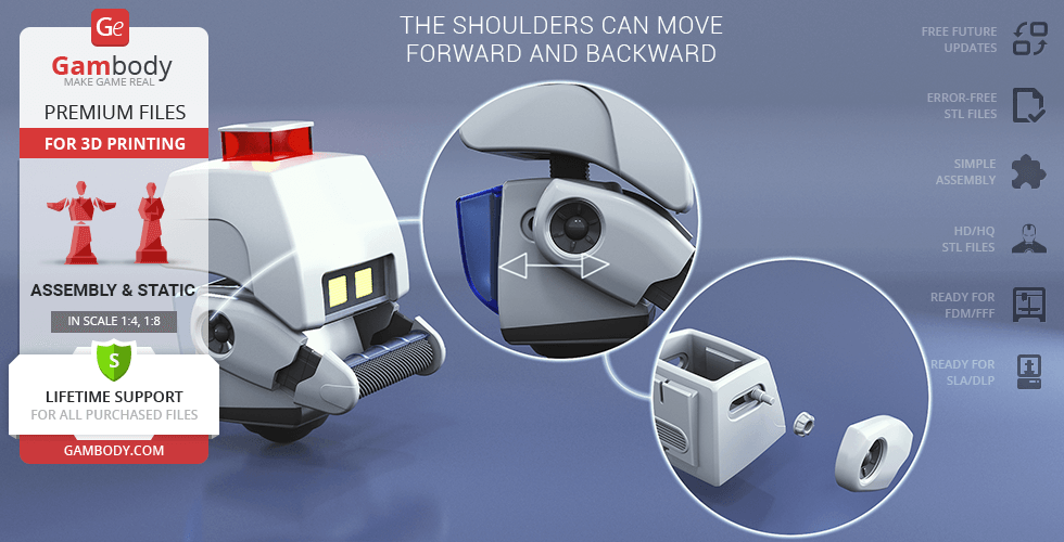 3D printable model of M-O from WALL-E, featuring movable shoulders and assembly parts.