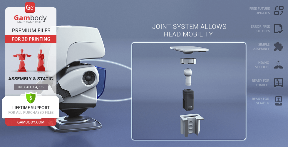 3D model of M-O from WALL-E with joint components for head mobility, designed for 3D printing.