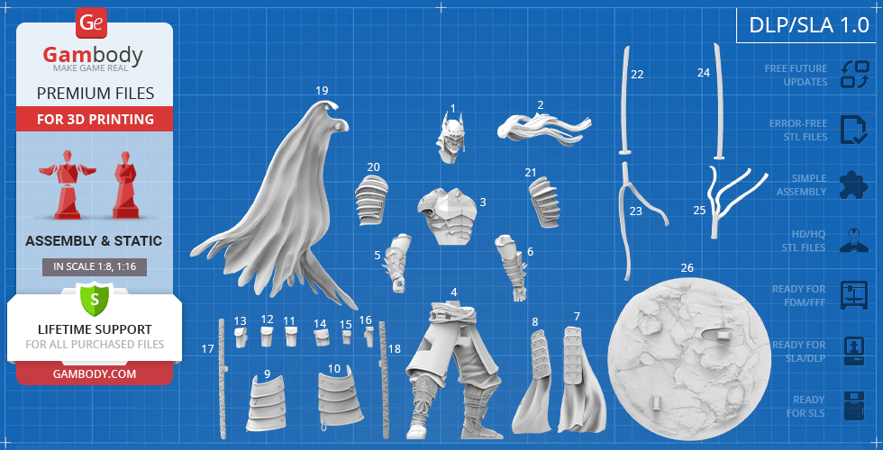 A detailed 3D print layout of a Batman Ninja model, featuring separate parts like cape, arms, and base.
