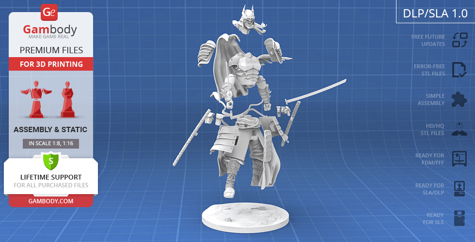 A dynamic 3D model of Batman in samurai armor, wielding a sword, designed for 3D printing.