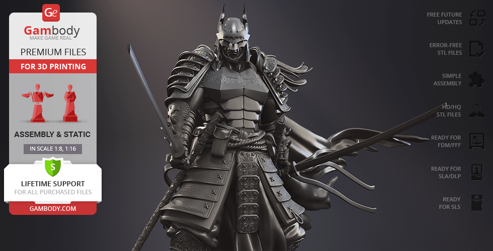 A detailed samurai-themed Batman 3D model wearing armor, holding a sword, ready for 3D printing.