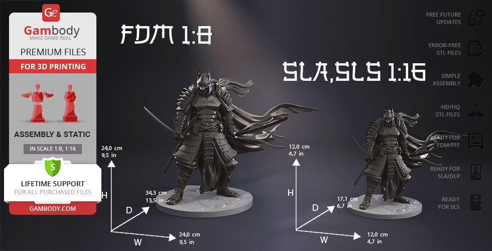 Two detailed 'Batman Ninja' 3D models in armor, designed for 3D printing at 1:8 and 1:16 scales.