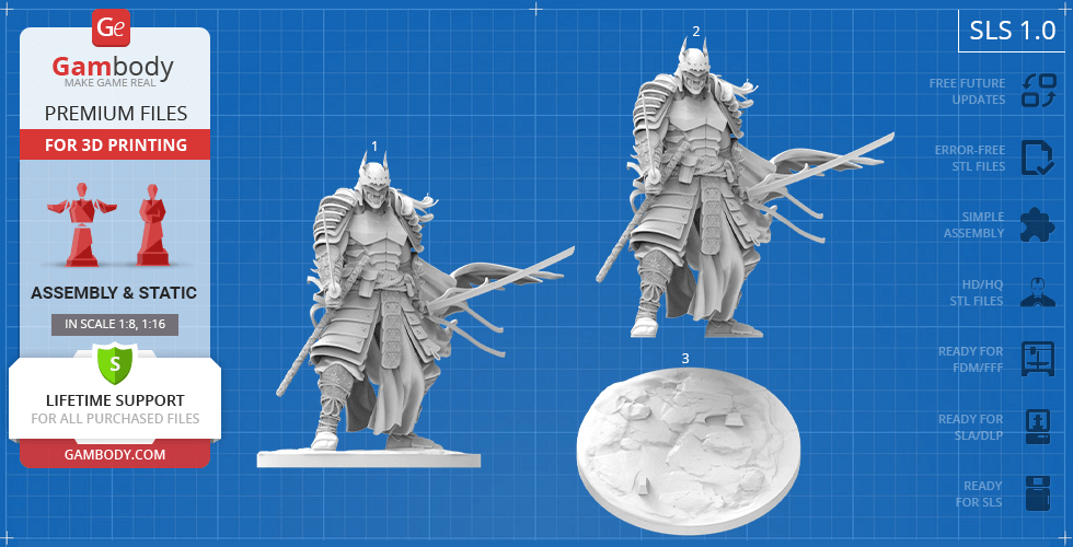 Samurai-inspired Batman 3D model with detailed armor, ready for 3D printing. Includes base and assembly guide.