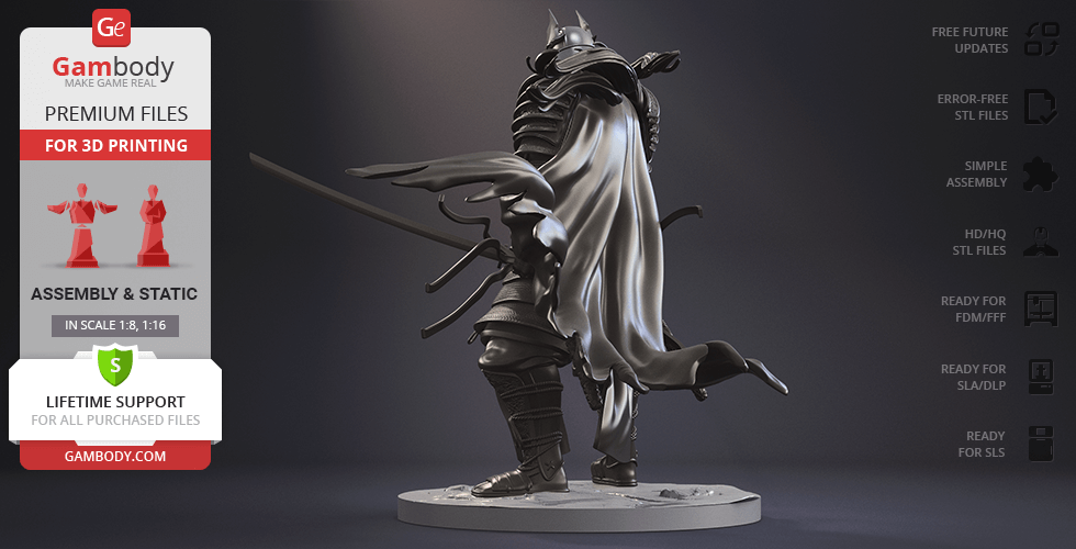 Batman Ninja in samurai armor, ready for 3D printing, standing dynamically on a round base.