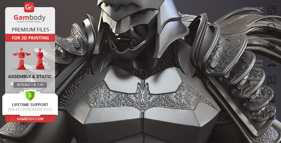 Armored ninja with intricate detailing on chest and shoulders, designed for 3D printing.