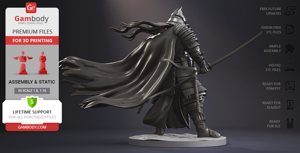 Armored figure with flowing cape and sword, posed dynamically on a base for 3D printing.