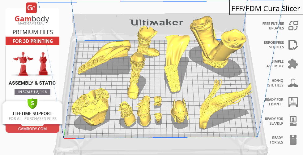 3D print files of Batman Ninja parts on Cura slicer, displayed as separate yellow components.