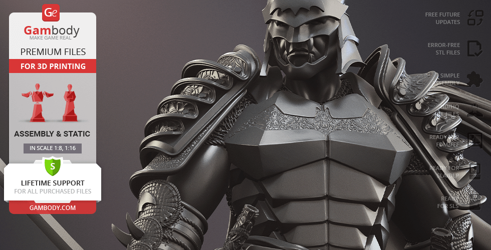 Armored ninja-themed Batman 3D print model, featuring intricate samurai-style details and armor.