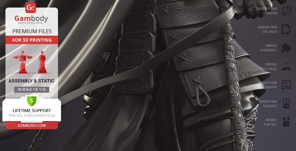 A detailed 3D model of Batman in samurai armor with a sword, designed for 3D printing.