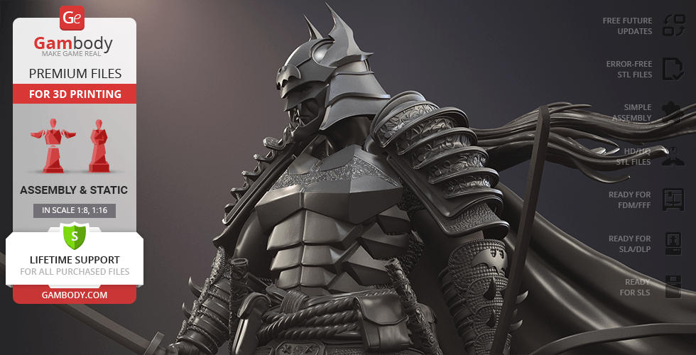 Samurai-inspired armored figure with bat-like helmet, designed for 3D printing from Gambody.
