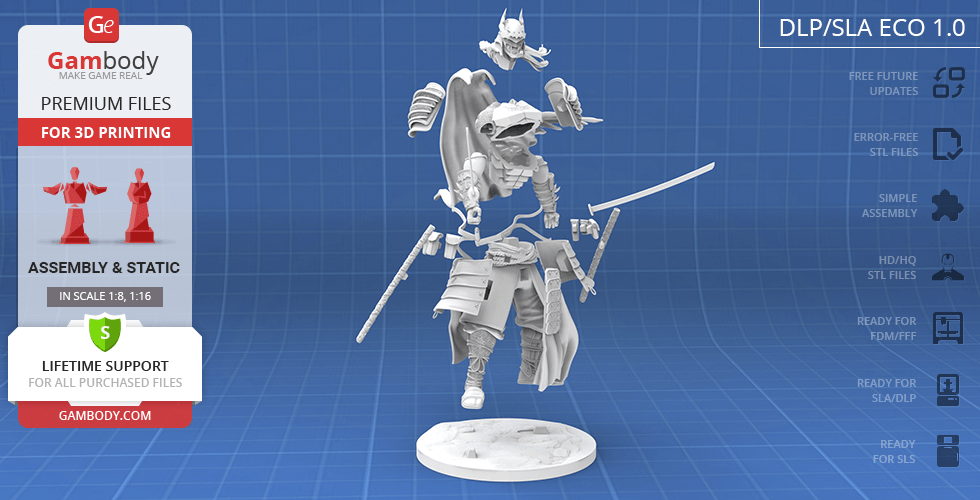 A detailed 3D model of a ninja-like figure with swords, wearing armor and a cape, posed dynamically for printing.