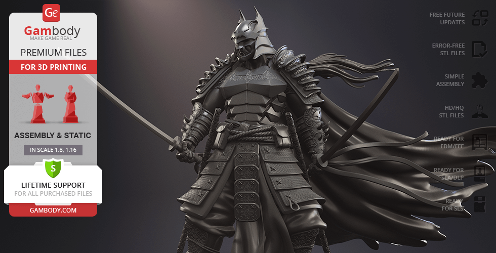 A samurai-inspired Batman in armor, holding a sword, designed for 3D printing from Gambody.