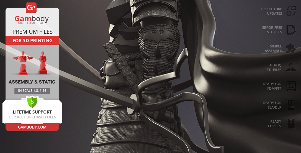 Close-up of a detailed 3D model of a ninja-like armored figure, showcasing intricate textures and armor design.