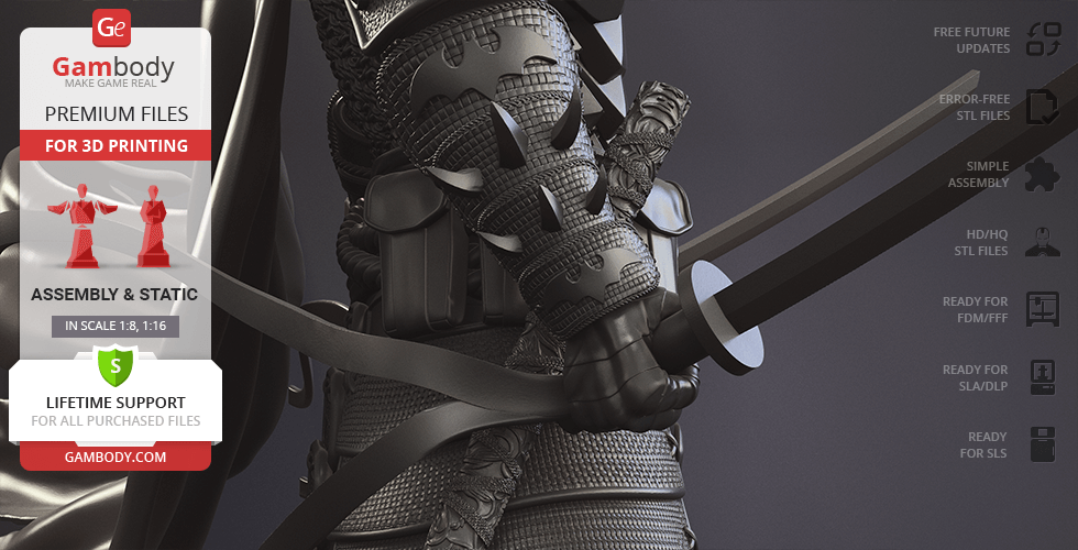 A detailed 3D model of a ninja with armor and a katana, promoted for 3D printing by Gambody.