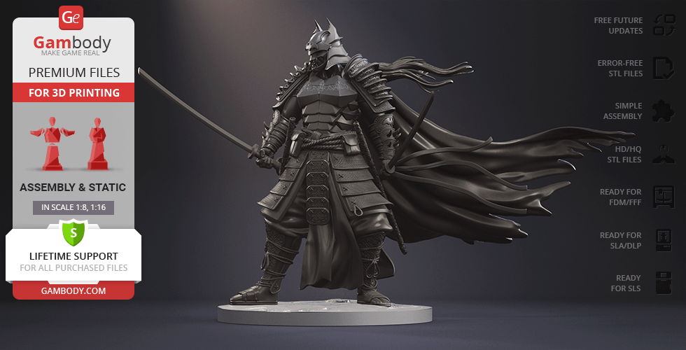 Batman in samurai armor, holding a sword, with a flowing cape. 3D print model from Gambody.