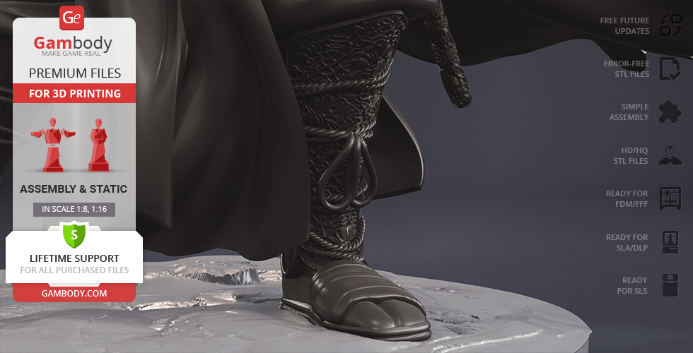 A detailed 3D model of a figure with intricately designed boots and cape on a textured base.