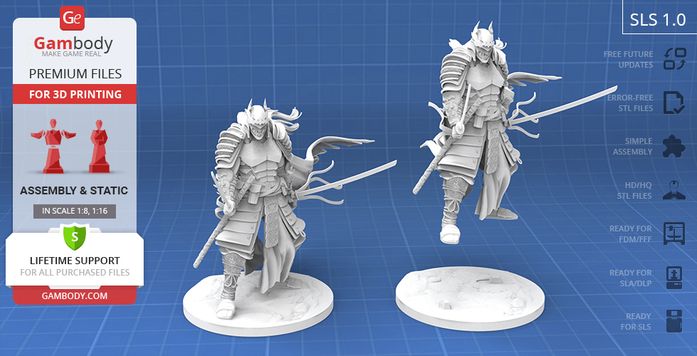 Samurai-themed Batman 3D model ready for printing, featuring armor and weapon details.