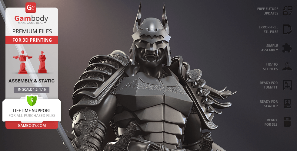 Samurai-style Batman in detailed armor, ready for 3D printing.