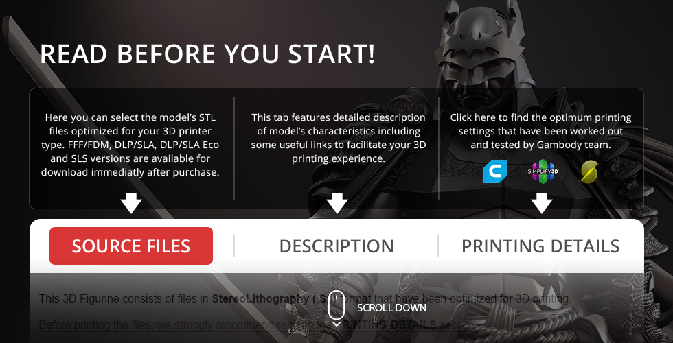 Image shows instructions for 3D printing Batman Ninja model with tabs for source files, description, and printing details.
