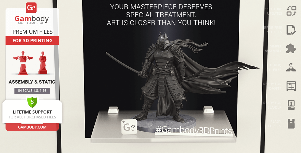 Samurai-inspired Batman 3D model with a flowing cape and katana displayed on a pedestal.