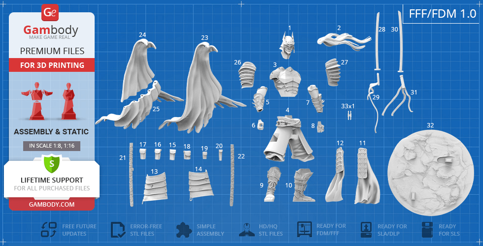 3D printable parts of Batman Ninja, including cape, armor, and accessories on a blueprint background.