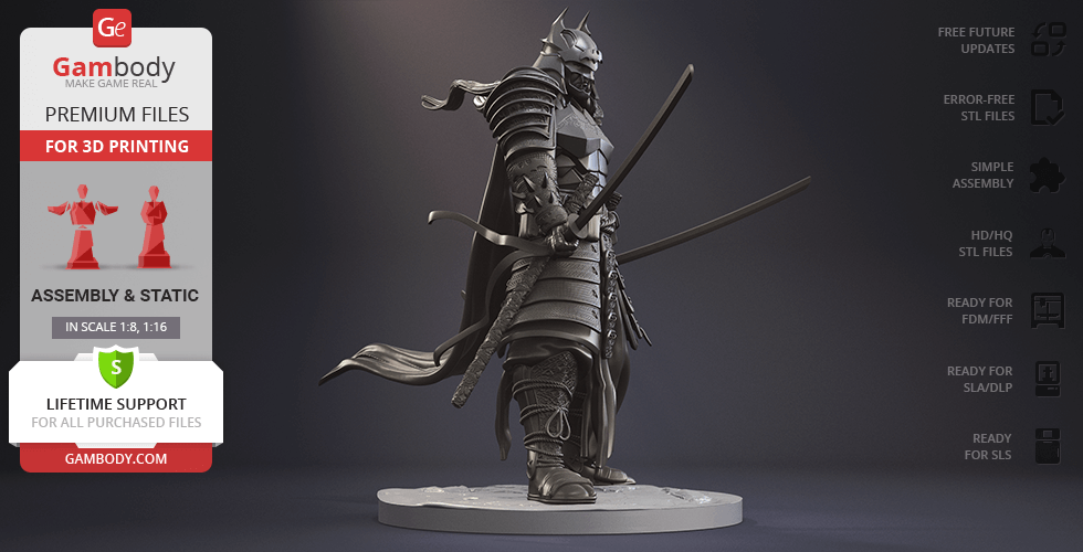 Samurai-inspired Batman 3D model in dynamic pose, designed for 3D printing by Gambody.