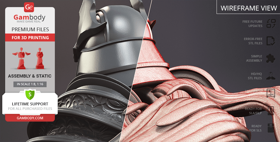 Batman Ninja 3D model preview for 3D printing with detailed armor and wireframe view.