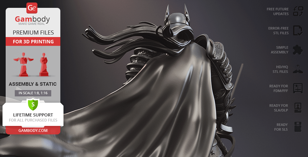 Batman Ninja 3D model with a dynamic cape, designed for 3D printing by Gambody.