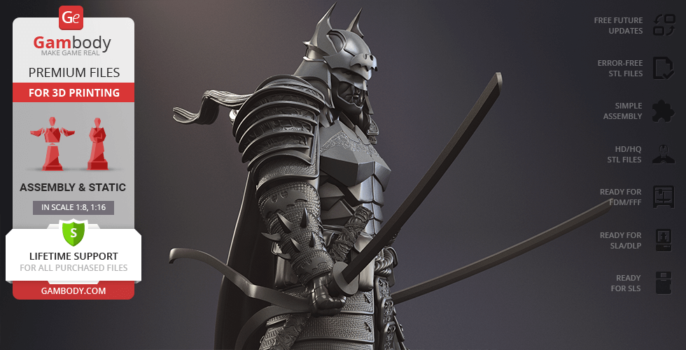 Samurai-inspired Batman in full armor holding a katana, ready for 3D printing.
