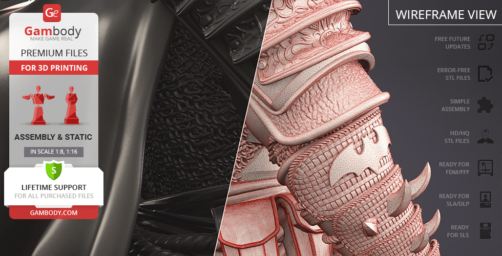 Detailed 3D model of Batman Ninja armor with promotional details for 3D printing by Gambody.