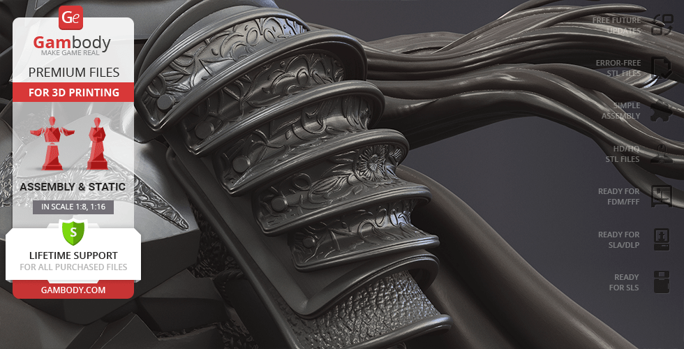 Detailed close-up of Batman Ninja armor design for 3D printing.