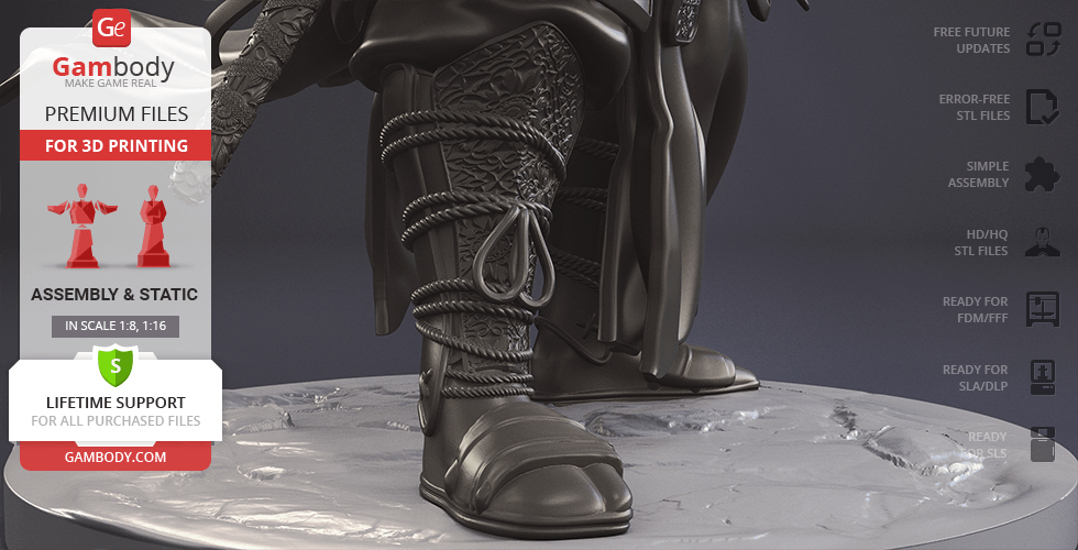 Detailed close-up of a 3D-printed ninja-style boot with intricate patterns on a display base.