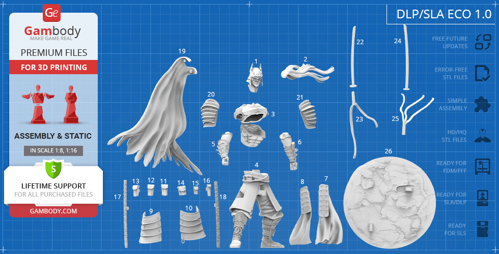 3D model parts for Batman Ninja, including cape, armor, and weapon pieces, laid out for assembly.