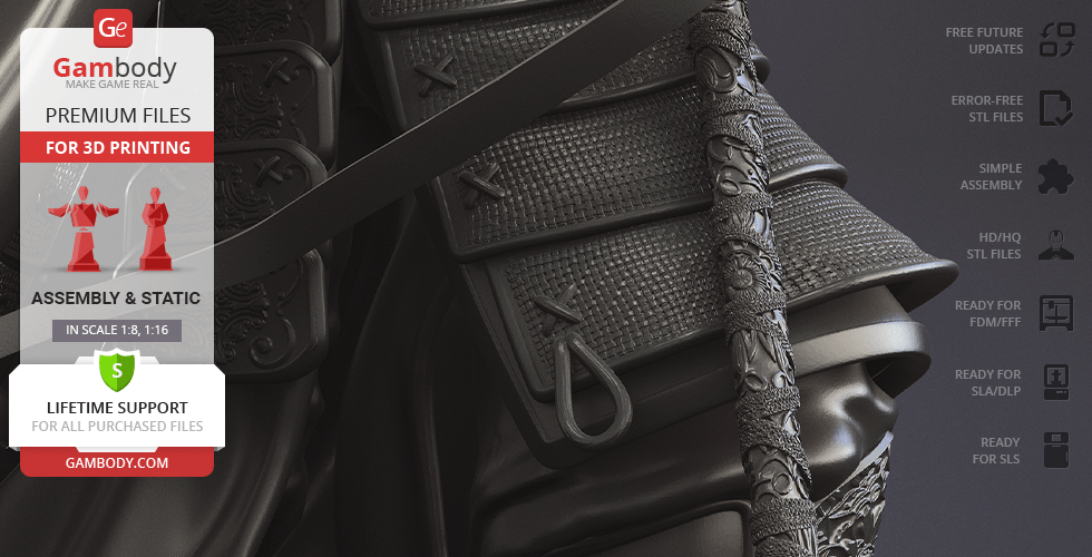 Detailed close-up of a textured samurai armor, showcasing intricate patterns for 3D printing.