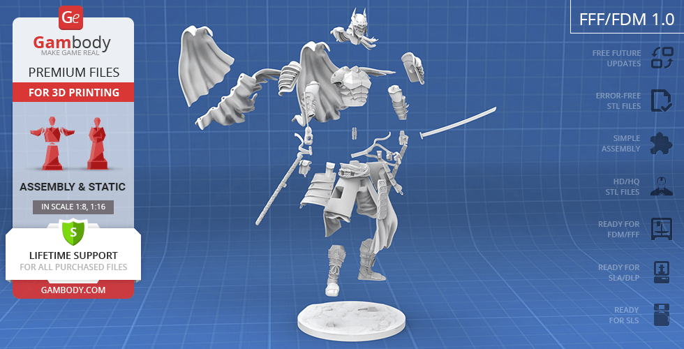 3D model of a samurai-like figure with armor and a sword, displayed in assembly parts for printing.