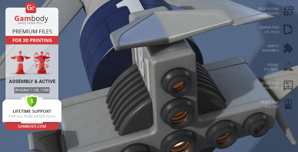 Close-up of a 3D model of Thunderbird 1 from Gambody, highlighting detailed rear engine and fin.