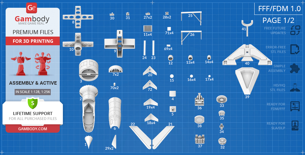 Blueprint-style layout showing parts of Thunderbird 1 for 3D printing, labeled with dimensions.