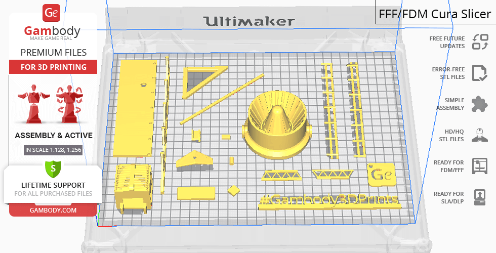 3D printing layout of Thunderbird 1 parts on a grid in Cura Slicer, ready for assembly.