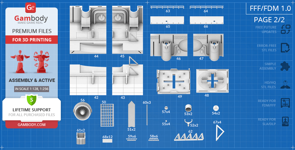 Blueprint layout of Thunderbird 1 parts for 3D printing, showing various detailed components.