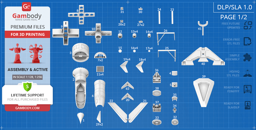 Blueprint layout of Thunderbird 1's 3D printable parts for assembly, labeled with part numbers.