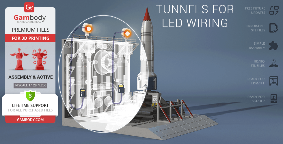 3D model of Thunderbird 1 with LED wiring tunnels, ready for printing and assembly available on Gambody.