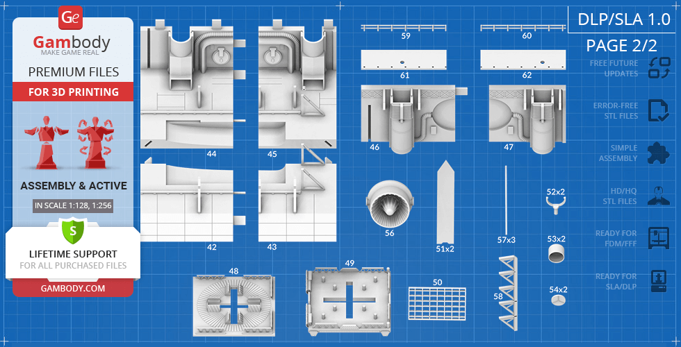 Blueprint layout of Thunderbird 1 parts for 3D printing, including various components and assembly details.