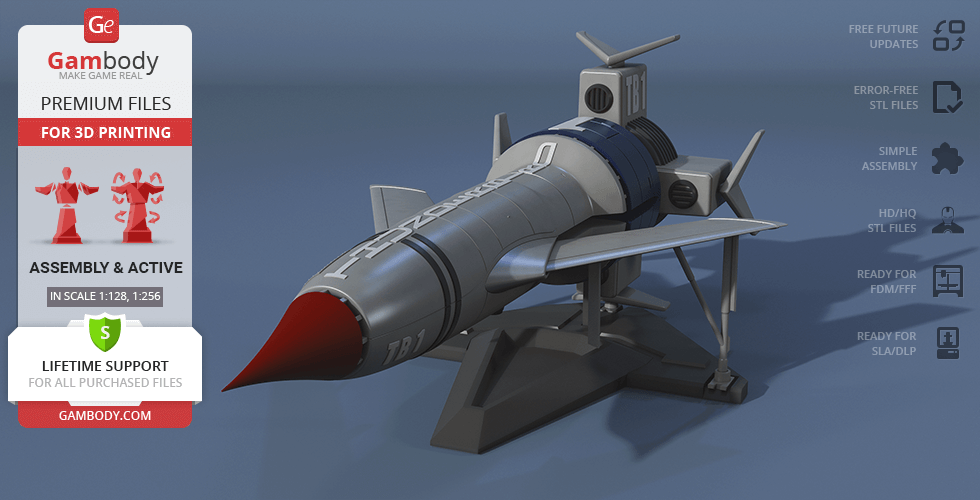 A detailed 3D model of Thunderbird 1 rocket for printing, with wings and a sleek design.