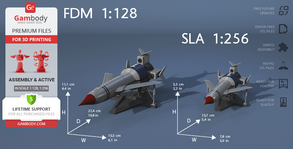 Two Thunderbird 1 models for 3D printing in different scales, with assembly and print details displayed.