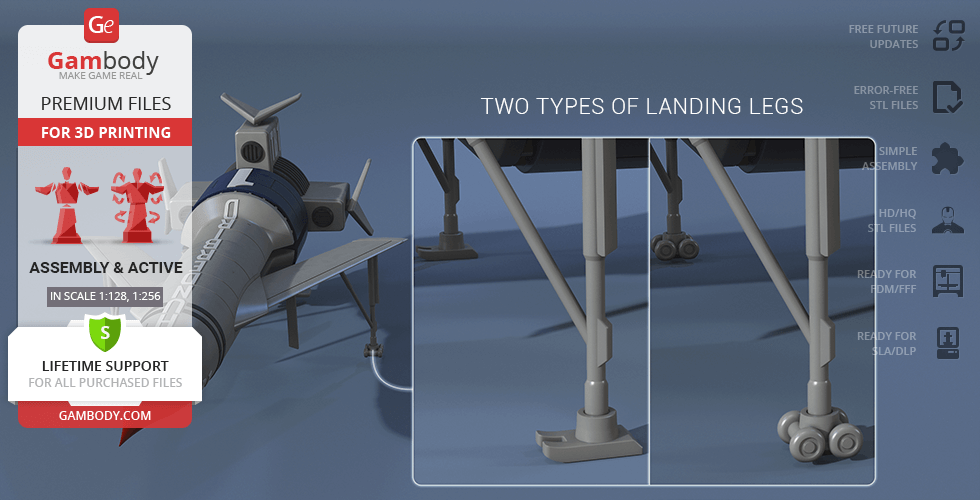 A 3D model of Thunderbird 1 showing two types of landing legs, ready for 3D printing.