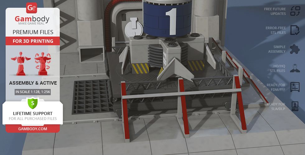A digital 3D model of Thunderbird 1 with assembly details for 3D printing, shown on a platform.